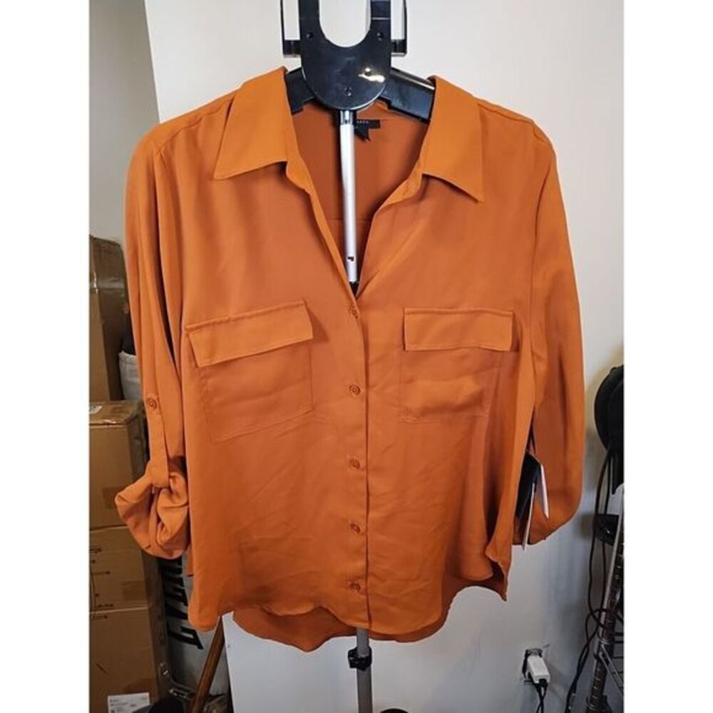 Women's Extra Large Halogen Leather Brown Long Sleeve Button Up Blouse 100%...‎